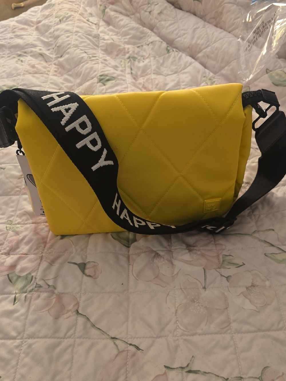 Ihkwip Yellow Quilted Crossbody Bag with 'HAPPY' Strap